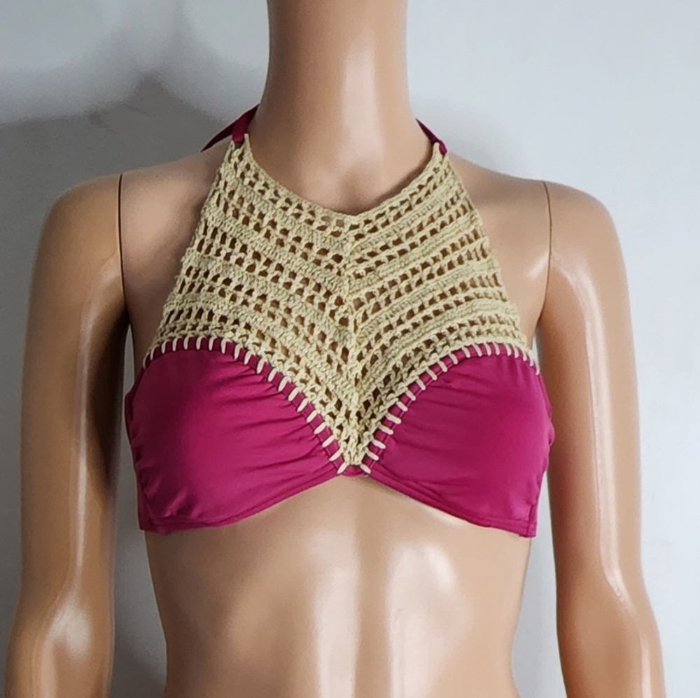 The Bikini lab bikini top fuscha/burgundy/purple with neutral crochet si…